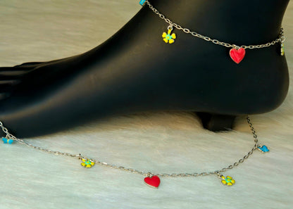 925 Sterling Silver Heart, Flower & Butterfly Charm Anklet for Women | Enamel Jewelry