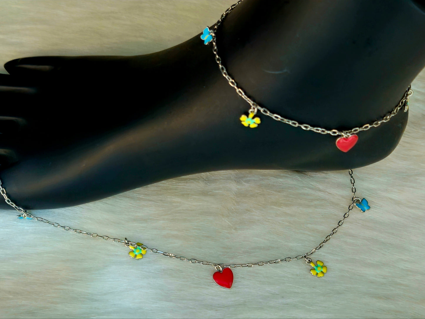 Silver-Toned Heart, Flower, and Butterfly Charm Anklet