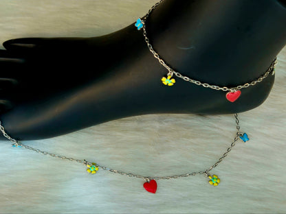 925 Sterling Silver Heart, Flower & Butterfly Charm Anklet for Women | Enamel Jewelry