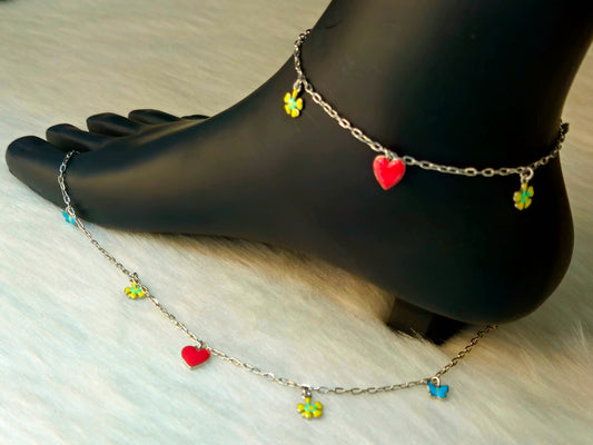 Silver-Toned Heart, Flower, and Butterfly Charm Anklet