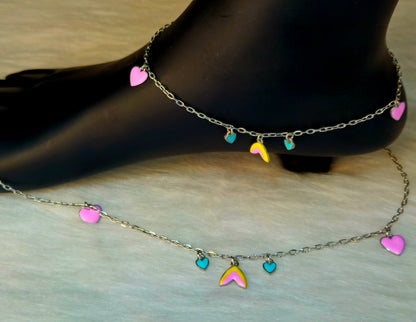 925 Sterling Silver Mermaid Tail & Heart Charm Anklet for Women | Colorful Enamel Jewelry