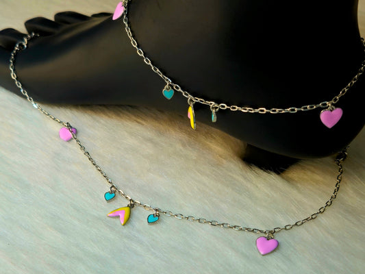Silver-Toned Mermaid Tail and Colorful Heart Charm Anklet