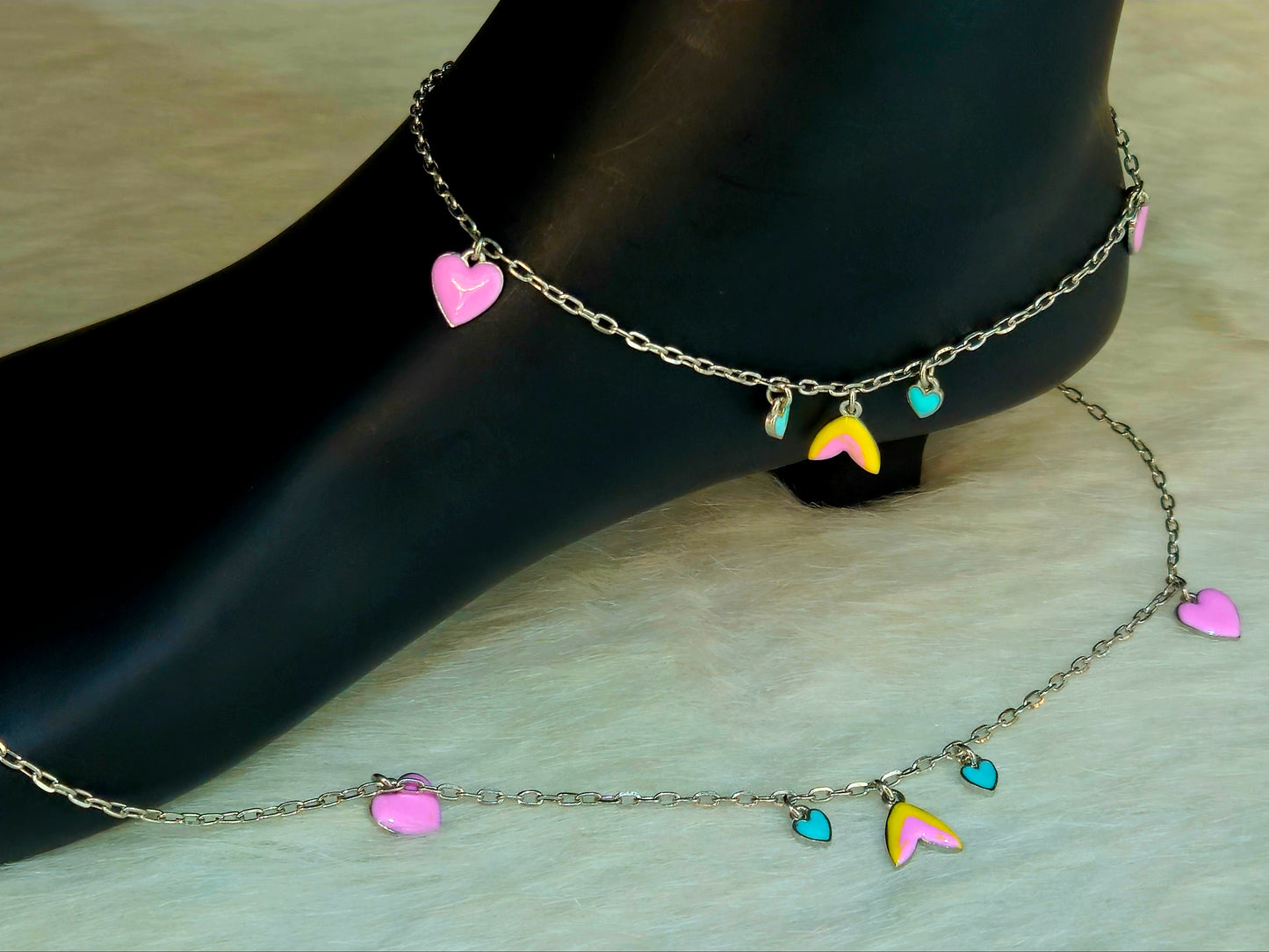 Silver-Toned Mermaid Tail and Colorful Heart Charm Anklet