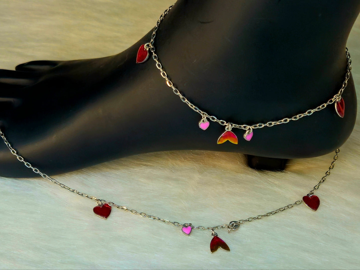 Silver-Toned Mermaid Tail and Heart Charm Anklet