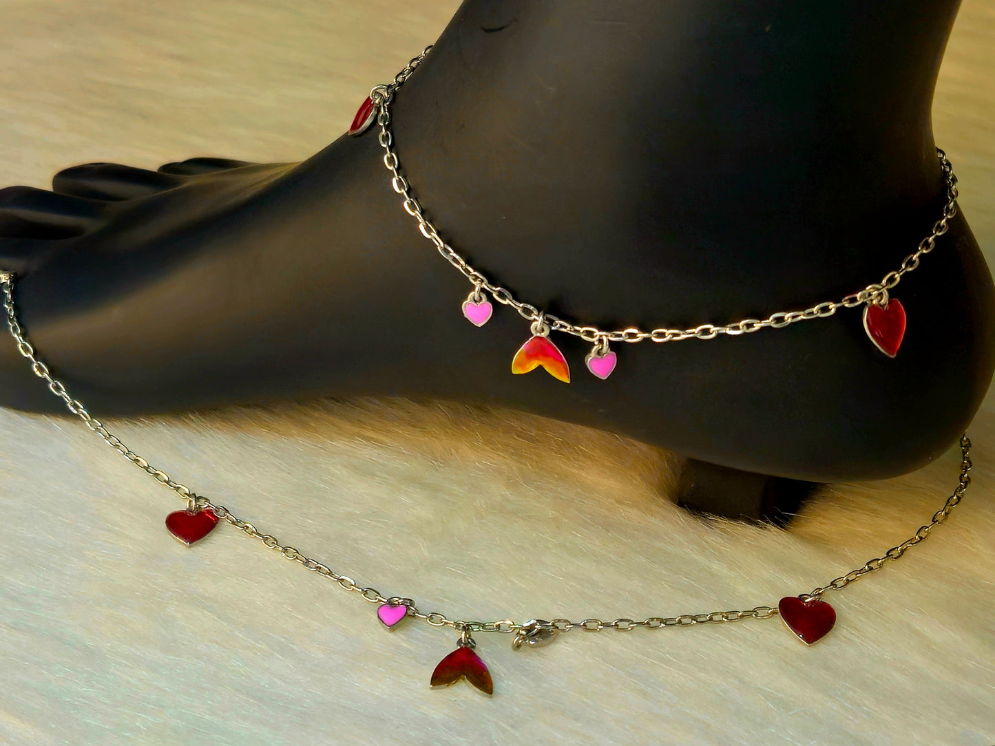Silver-Toned Mermaid Tail and Heart Charm Anklet