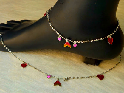 925 Sterling Silver Mermaid Tail & Heart Charm Anklet for Women | Colorful Enamel Jewelry