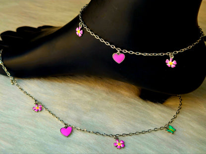 925 Sterling Silver Floral & Heart Charm Anklet for Women | Colorful Enamel Jewelry