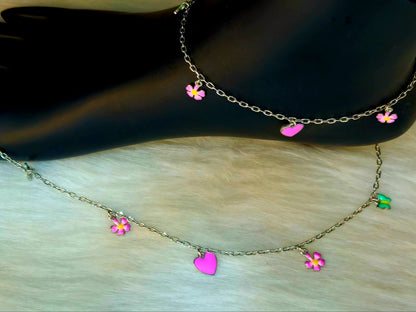 925 Sterling Silver Floral & Heart Charm Anklet for Women | Colorful Enamel Jewelry