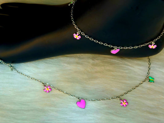 Floral and Heart Charm Anklet