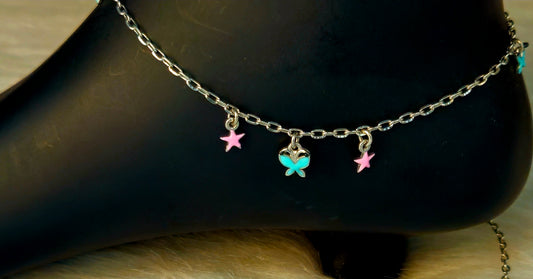 Silver-Toned Pink Star and Blue Butterfly Charm Anklet