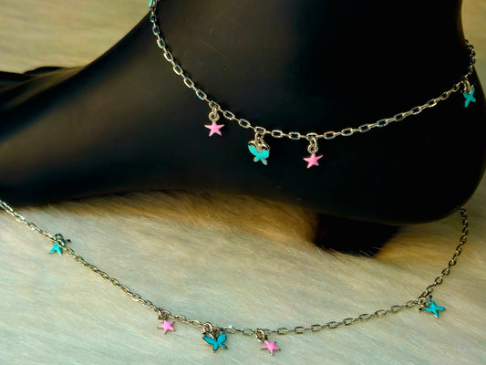 Silver-Toned Pink Star and Blue Butterfly Charm Anklet