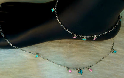 925 Sterling Silver Pink Star & Blue Butterfly Charm Anklet for Women | Enamel Jewelry