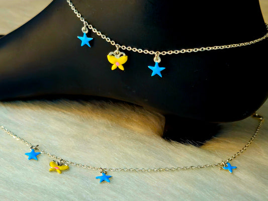 Silver-Toned Yellow Butterfly and Blue Star Charm Anklet