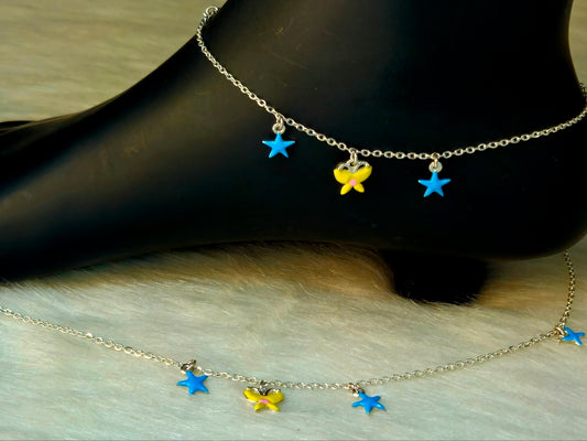 Silver-Toned Yellow Butterfly and Blue Star Charm Anklet