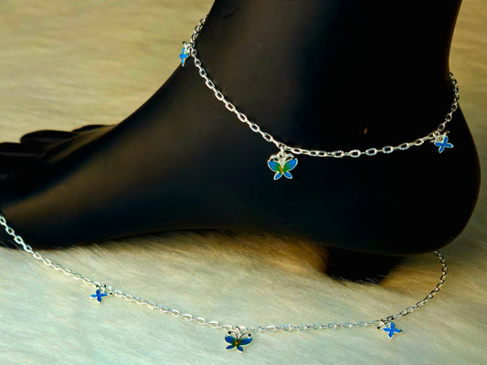 Silver-Toned Blue and Green Butterfly Charm Anklet