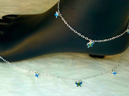 925 Sterling Silver Blue & Green Butterfly Charm Anklet for Women | Enamel Jewelry