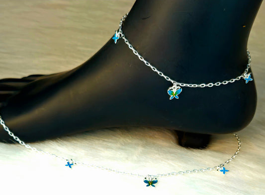 Silver-Toned Blue and Green Butterfly Charm Anklet