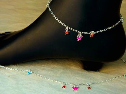 925 Sterling Silver Butterfly & Star Charm Anklet for Women | Colorful Enamel Jewelry