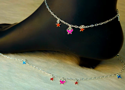 925 Sterling Silver Butterfly & Star Charm Anklet for Women | Colorful Enamel Jewelry