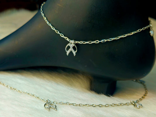 Silver-Toned Sparkling Ribbon Charm Anklet