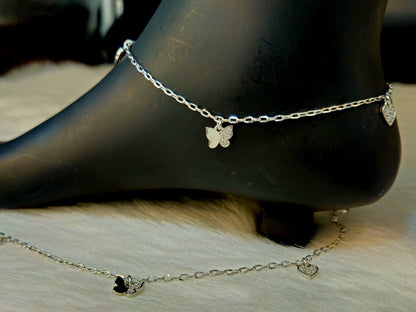 925 Sterling Silver Butterfly & Heart Charm Anklet for Women | Sparkling Jewelry