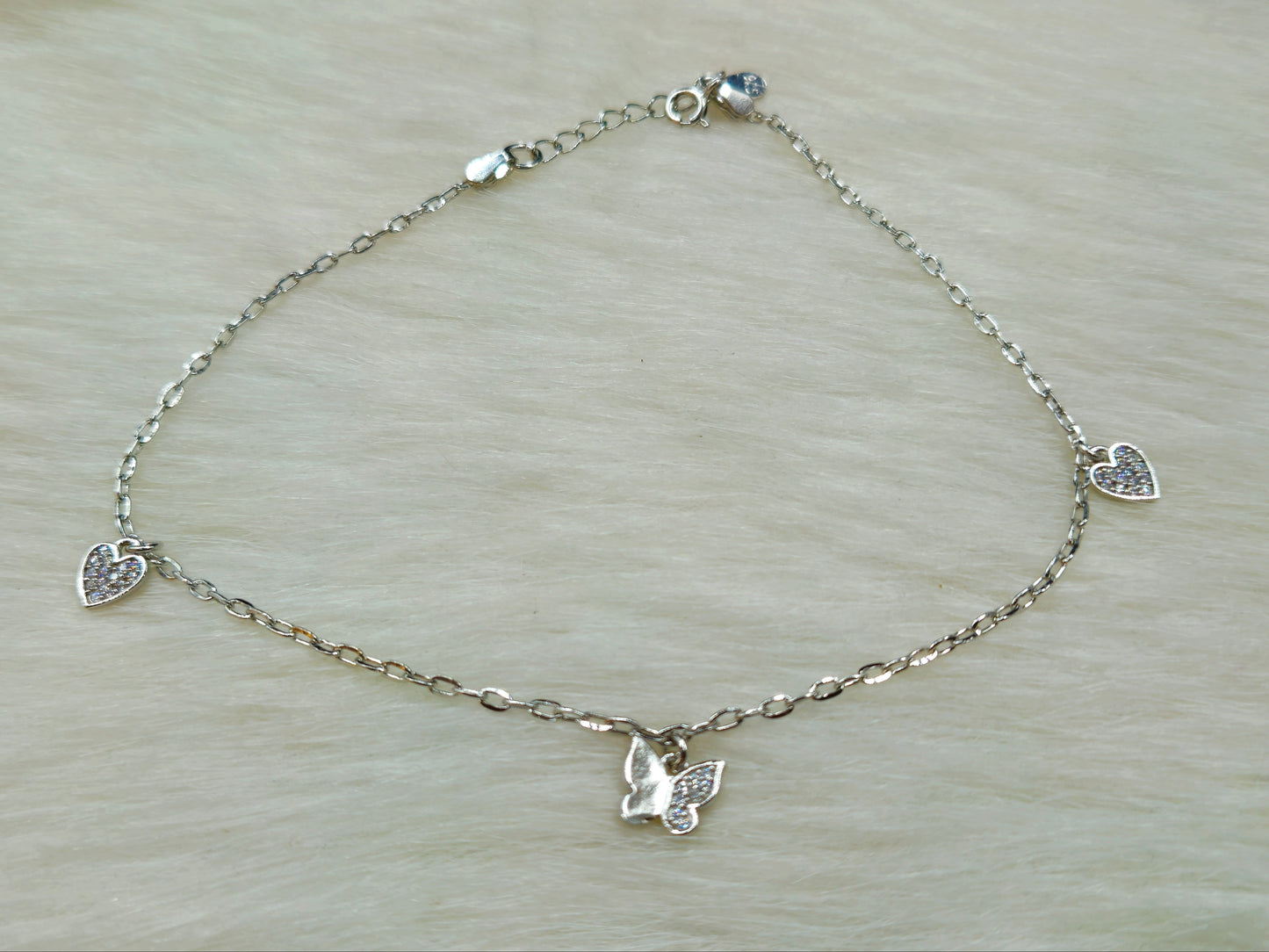 Sparkling Butterfly and Heart Charm Anklet