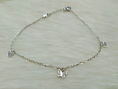 925 Sterling Silver Butterfly & Heart Charm Anklet for Women | Sparkling Jewelry
