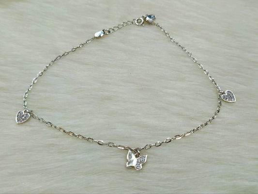 Sparkling Butterfly and Heart Charm Anklet