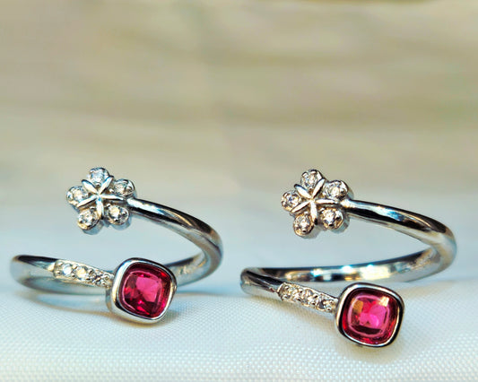 Silver Diamond Flower and Ruby Bypass Toe Rings