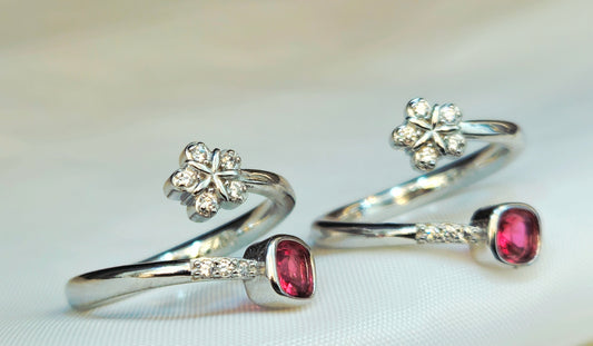 Silver Diamond Flower and Ruby Bypass Toe Rings