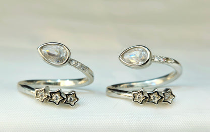 Silver Star Cluster and Pear Diamond Bypass Toe Rings