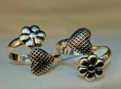 Silver Flower and Textured Heart Bypass Toe Rings