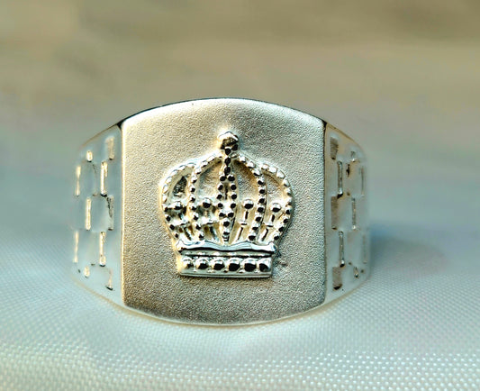 Silver Royal Crown Signet Ring with a Geometric Band