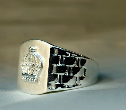 Silver Royal Crown Signet Ring with a Geometric Band