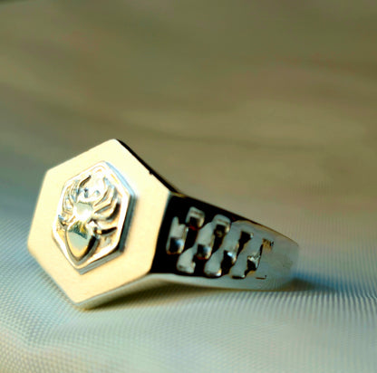 Silver Spider Emblem Hexagonal Signet Ring
