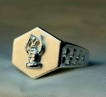 Silver Stylized Winged Figure Hexagonal Signet Ring