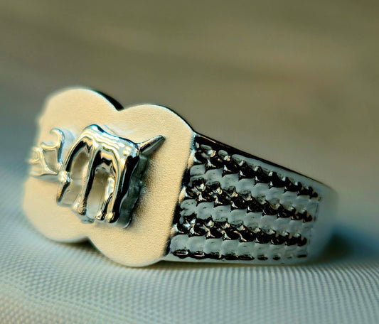 Silver Stylized Bull Signet Ring with a Textured Band