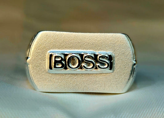 Silver 'BOSS' Signet Ring with a Matte Finish