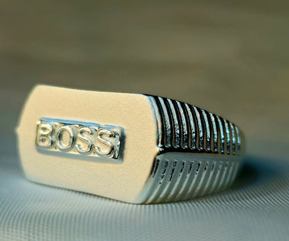 Silver 'BOSS' Signet Ring with a Matte Finish