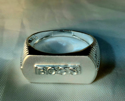 Silver 'BOSS' Signet Ring with a Matte Finish