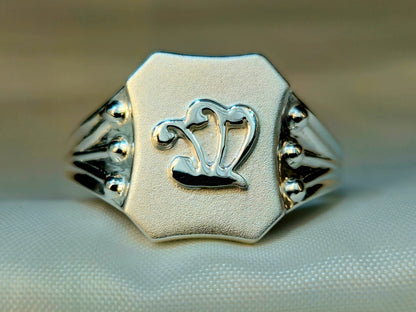 Silver Stylized Crown Hexagonal Signet Ring