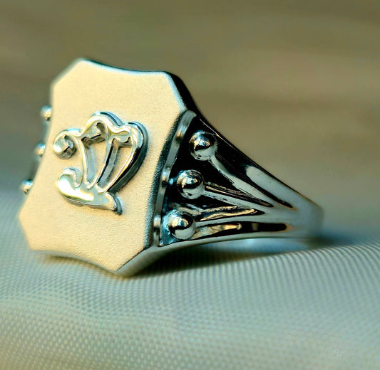 Silver Stylized Crown Hexagonal Signet Ring