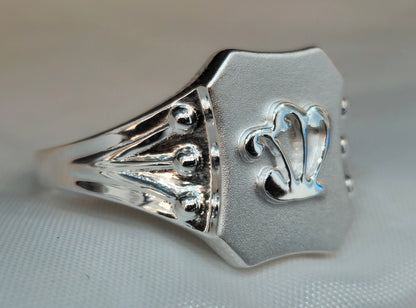 Silver Stylized Crown Hexagonal Signet Ring