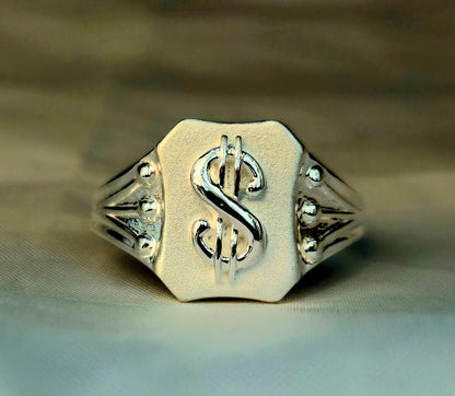 Silver Dollar Sign Octagonal Signet Ring