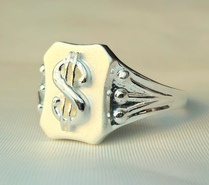 Silver Dollar Sign Octagonal Signet Ring