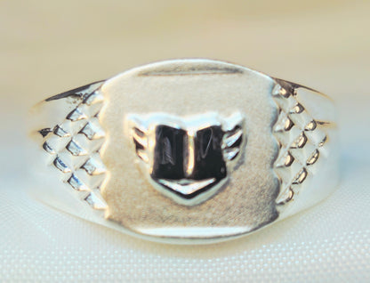 Silver Winged Shield Signet Ring with Diamond-Pattern Shoulders