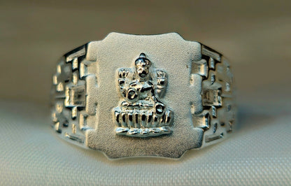 Silver Goddess Lakshmi Signet Ring with a Geometric Band