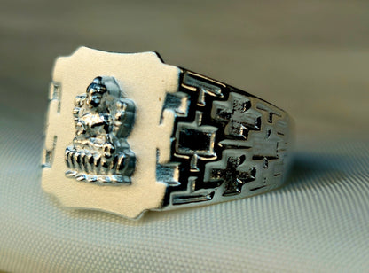 Silver Goddess Lakshmi Signet Ring with a Geometric Band