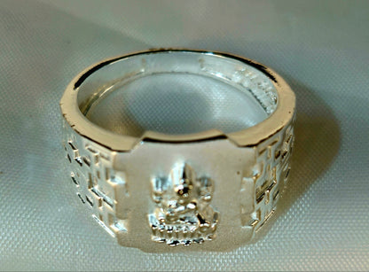 Silver Goddess Lakshmi Signet Ring with a Geometric Band