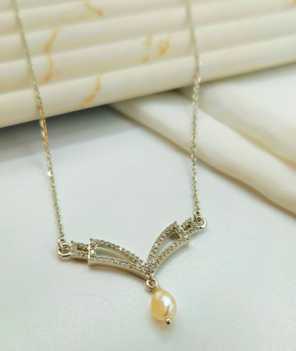 Art Deco Style Pave Chevron Pendant with Pearl Drop